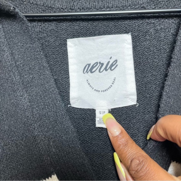 Aerie Women Sweater Small Black Whit Stripe Oversized Slouchy Polo Nautical - Picture 4 of 8